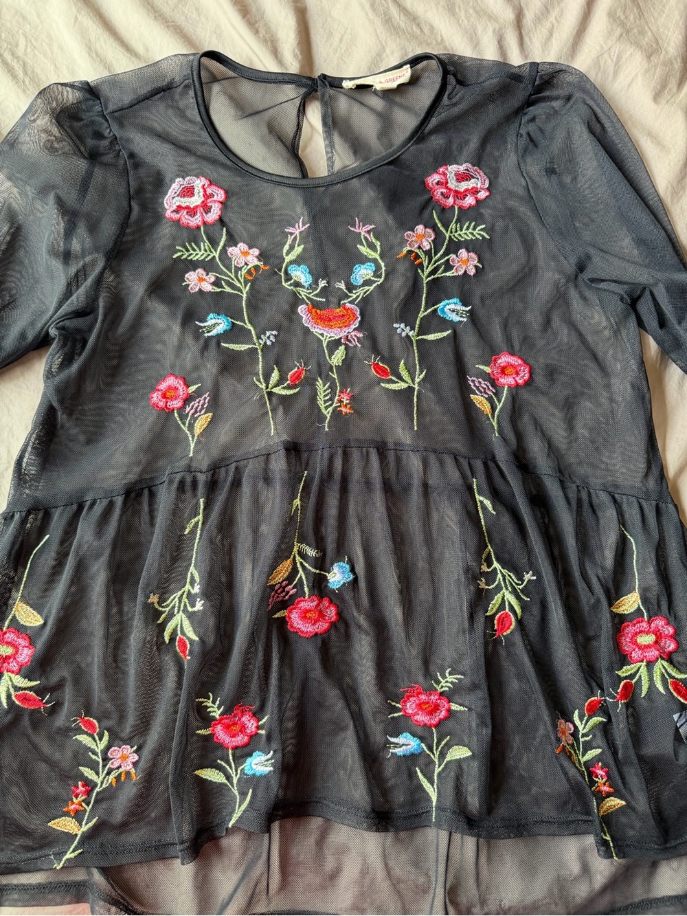Grand & Greene Black Mesh Embroidered Sheer Floral Womens Blouse Sz M Dark Fairy - Picture 6 of 10